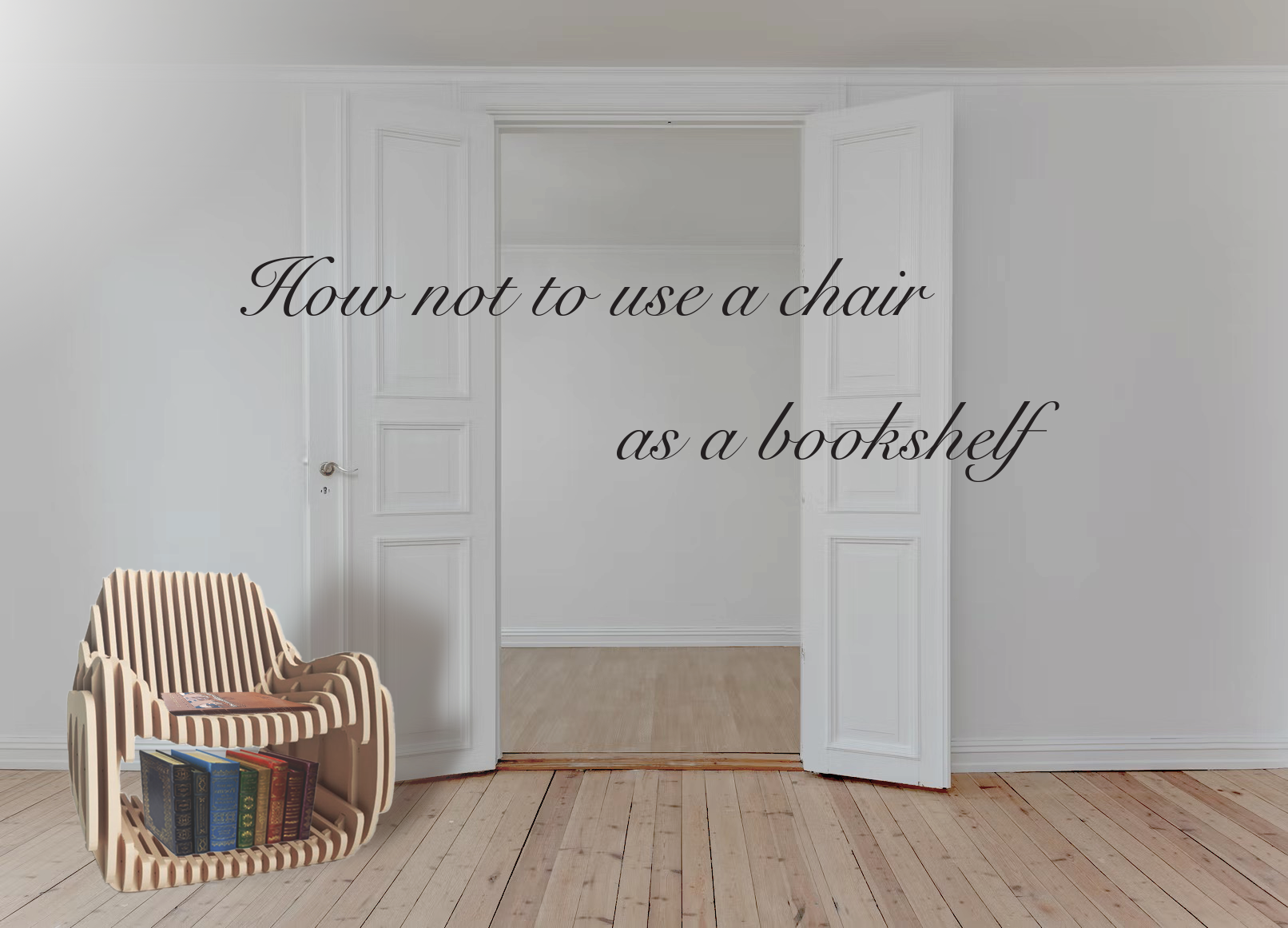 Chair used as a bookshelf with books stacked unevenly