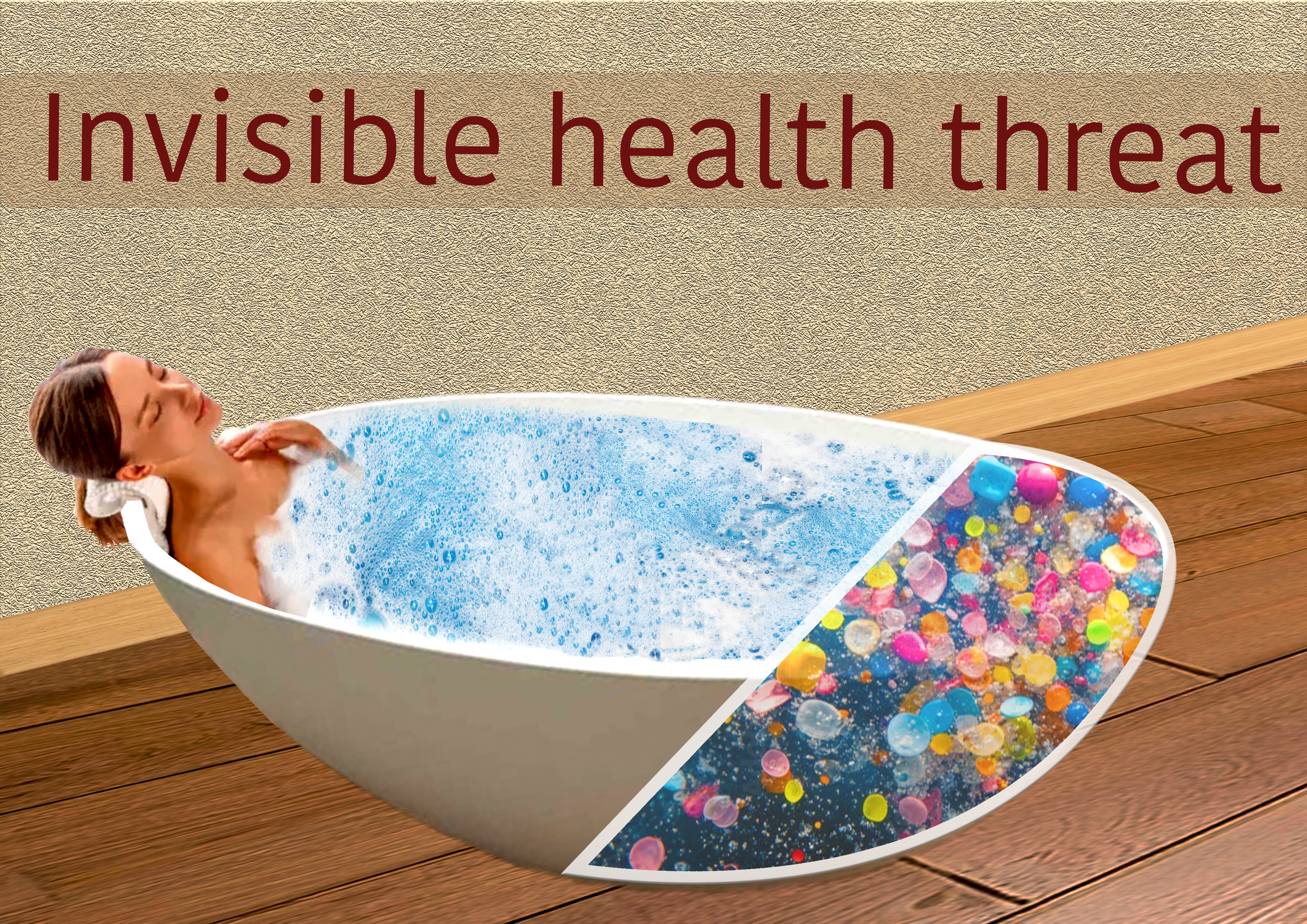 Bath concept - Split view showing contrast between peaceful bathing and microplastic pollution