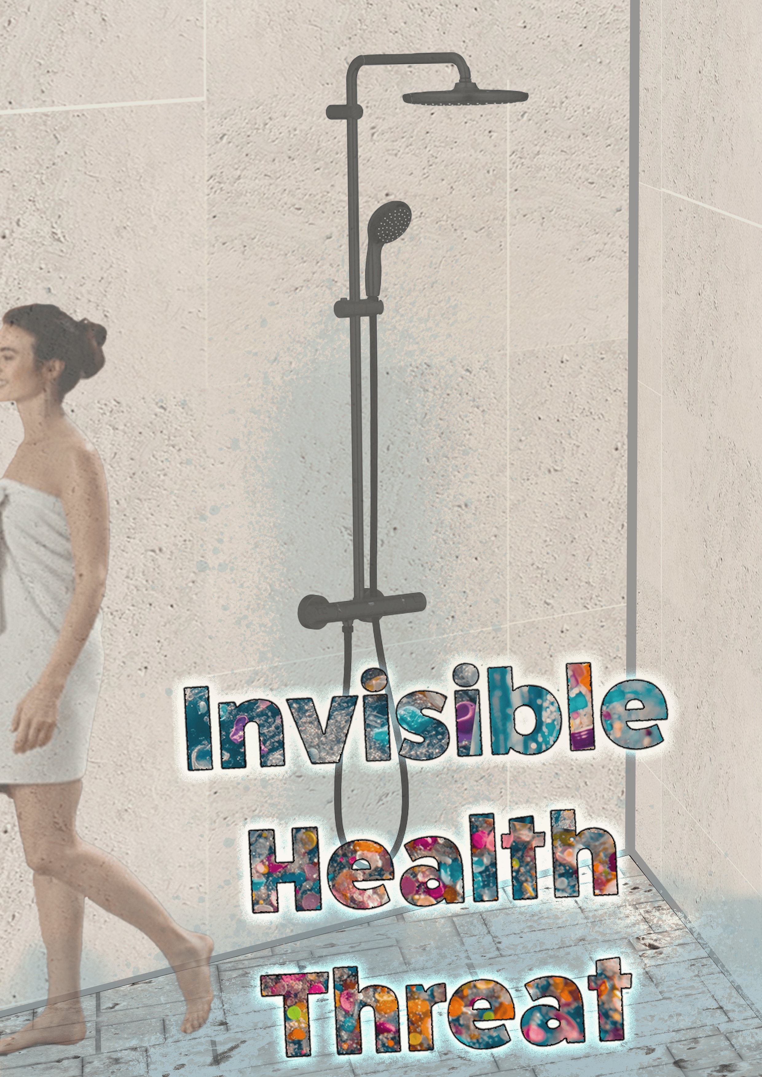 Shower concept - Woman in shower with typographic treatment revealing microplastic contamination